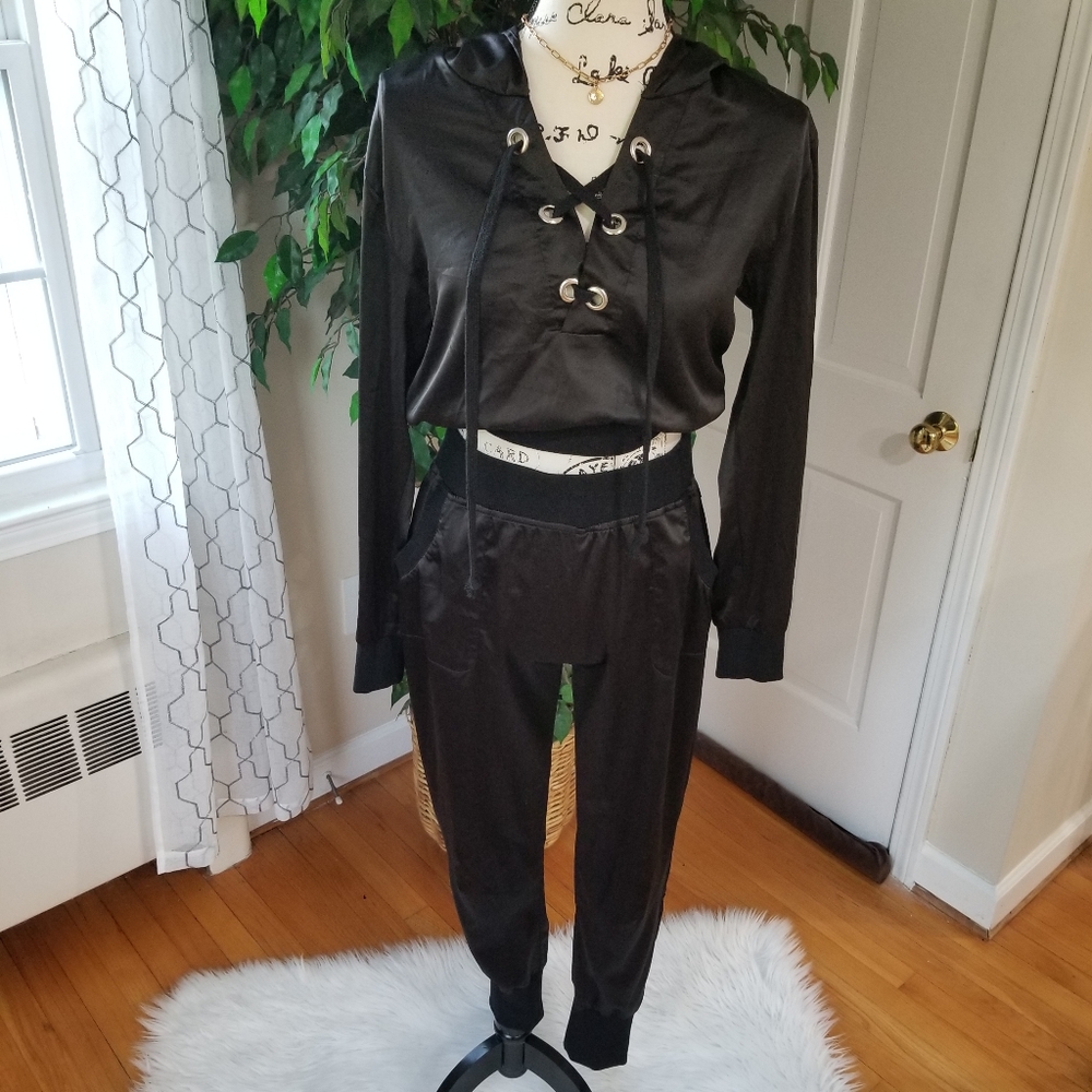 Main Strip 2 Piece Set Pants and Long Sleeves Hoodie Black Silk/Satin.